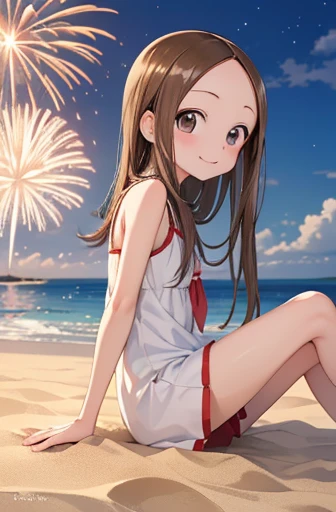 (Super detailed)(Master quality)(RAW Photos))(8k)(Realistic, photo Realistic:1.2)(Super detailed anime)(Anime Style) ((Highest quality)),(MS. Takagi who is good at teasing)(Sandy beach, sand, night fireworks)((Middle school students、Baby Face))