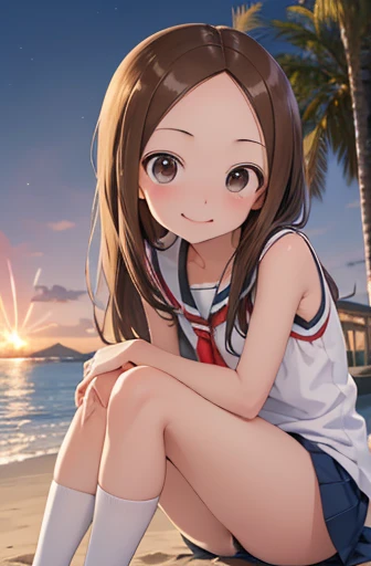 (Super detailed)(Master quality)(RAW Photos))(8k)(Realistic, photo Realistic:1.2)(Super detailed anime)(Anime Style) ((Highest quality)),(MS. Takagi who is good at teasing)(Sandy beach, sand, night fireworks)((Middle school students、Baby Face))