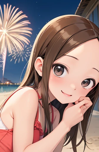 (Super detailed)(Master quality)(RAW Photos))(8k)(Realistic, photo Realistic:1.2)(Super detailed anime)(Anime Style) ((Highest quality)),(MS. Takagi who is good at teasing)(Sandy beach, sand, night fireworks)((、Baby Face))