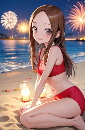 (Super detailed)(Master quality)(RAW Photos))(8k)(Realistic, photo Realistic:1.2)(Super detailed anime)(Anime Style) ((Highest quality)),(MS. Takagi who is good at teasing)(Sandy beach, sand, night fireworks)((、Baby Face))