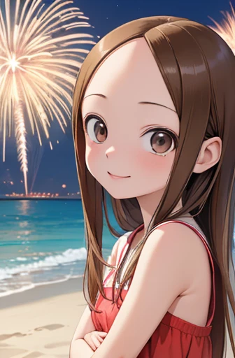 (Super detailed)(Master quality)(RAW Photos))(8k)(Realistic, photo Realistic:1.2)(Super detailed anime)(Anime Style) ((Highest quality)),(MS. Takagi who is good at teasing)(Sandy beach, sand, night fireworks)((、Baby Face))