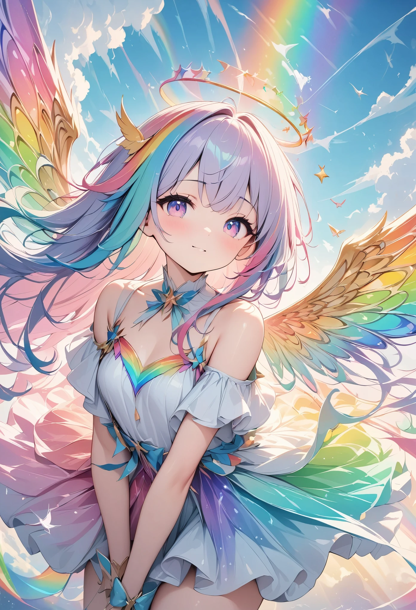 Pale colors, ((Astonishingly absurd)), Ultra high resolution, Attention to detail, High quality, High resolution, Top quality, 4k, 8K, Artwork, Fantastic work, rainbow, rainbow hair, Long hair, Rainbow angel, Spread wings wide, ((Rainbow wings fluttering)), Beautiful angel, Cute angel