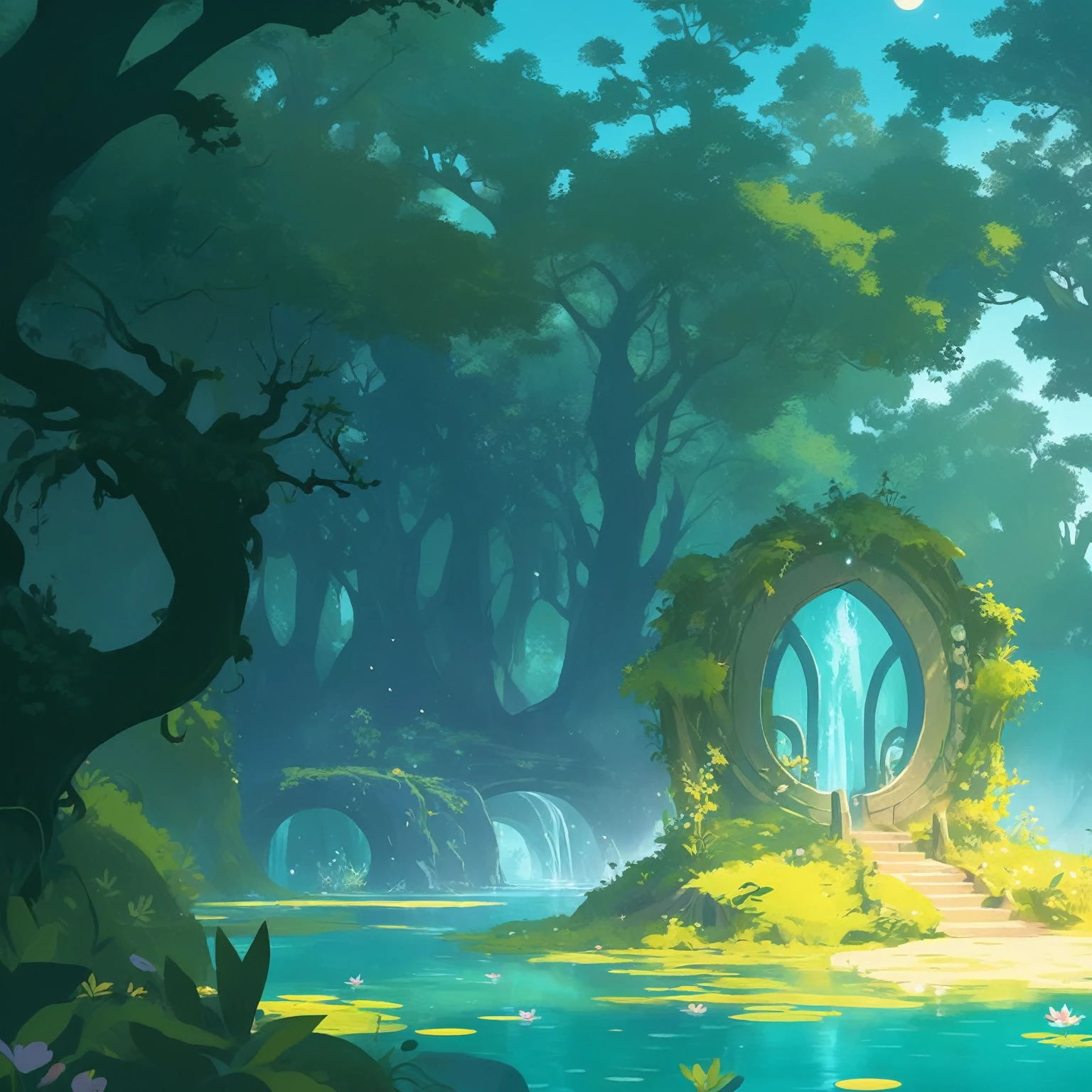 An enchanting cartoon-style illustration of an enchanted forest lake with magical elements, featuring vibrant green water and a circular archway leading to the center. The scene is bathed in soft lighting, creating a dreamy atmosphere. This design could be used for casual game art, as it captures the whimsical essence of fantasy landscapes