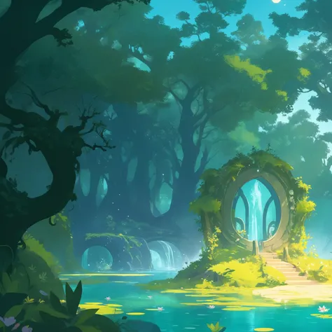 an enchanting cartoon-style illustration of an enchanted forest lake with magical elements, featuring vibrant green water and a ...