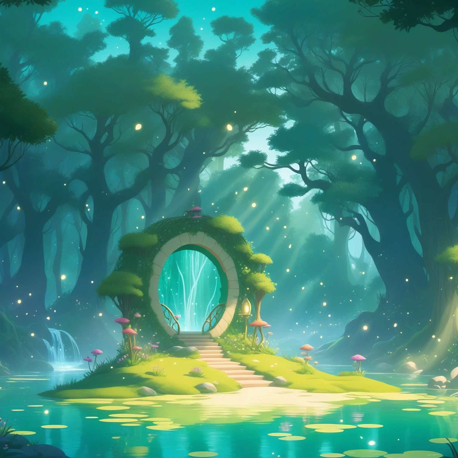 An enchanting cartoon-style illustration of an enchanted forest lake with magical elements, featuring vibrant green water and a circular archway leading to the center. The scene is bathed in soft lighting, creating a dreamy atmosphere. This design could be used for casual game art, as it captures the whimsical essence of fantasy landscapes