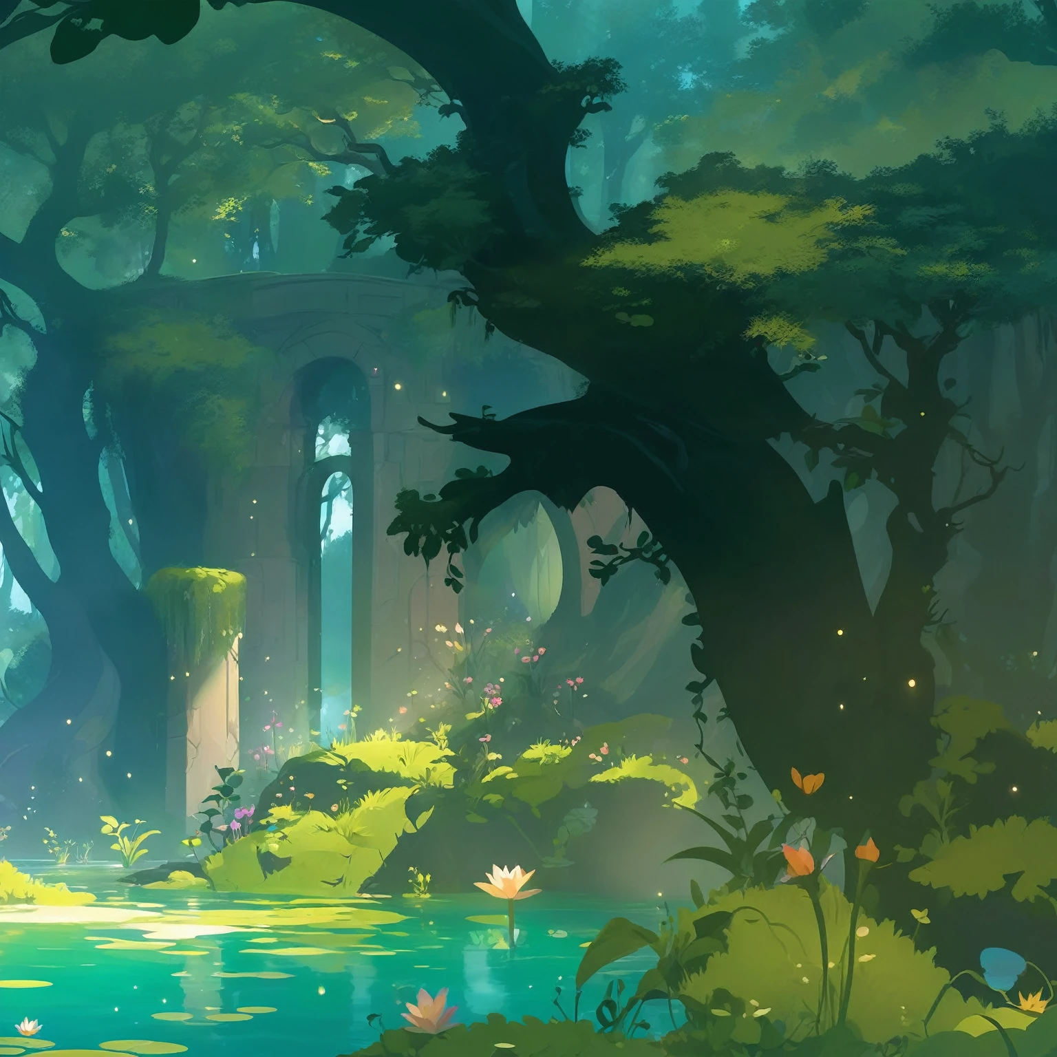 An enchanting cartoon-style illustration of an enchanted forest lake with magical elements, featuring vibrant green water and a circular archway leading to the center.  The scene is bathed in soft lighting, creating a dreamy atmosphere.  This design could be used for casual game art, as it captures the whimsical essence of fantasy landscapes