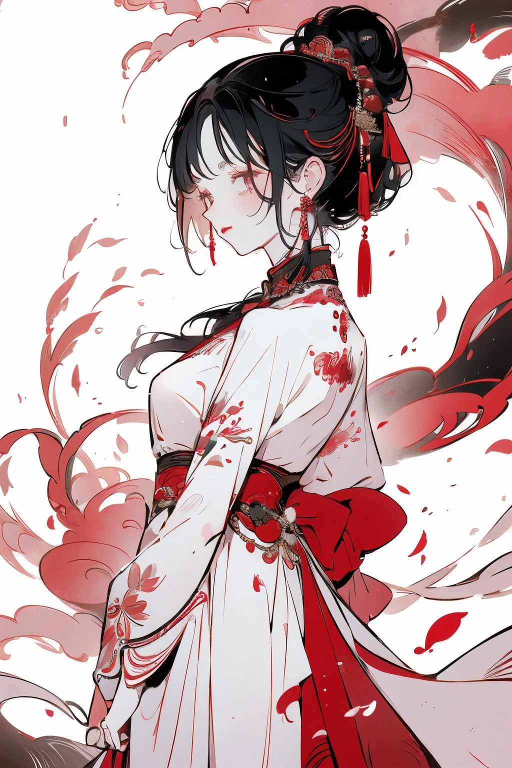 ((masterpiece)), ((best quality)), 8K, High Detail, Very detailed,
Beautiful traditional Chinese woman in elegant clothes，Astonishing, The red and white dress shows elegance, Refined and elegant. Her plump figure highlights her perfect body proportions, Flowing sleeves and fitted, Embroidered dress top, A white belt tied around her slender waist，Tie a delicate bow. The slender silhouette highlights her delicate features, Her soft hair fell in waves on her back. Her calm expression is matched by her rosy cheeks and plump red lips. in the background, The scene is set against a beautiful bamboo forest background, Cherry blossom petals, and tranquility, Calm water view. This striking image symbolizes eternity, Low-key and elegant Chinese traditional beauty, Where is the balance?, A fusion of sophistication and beauty.