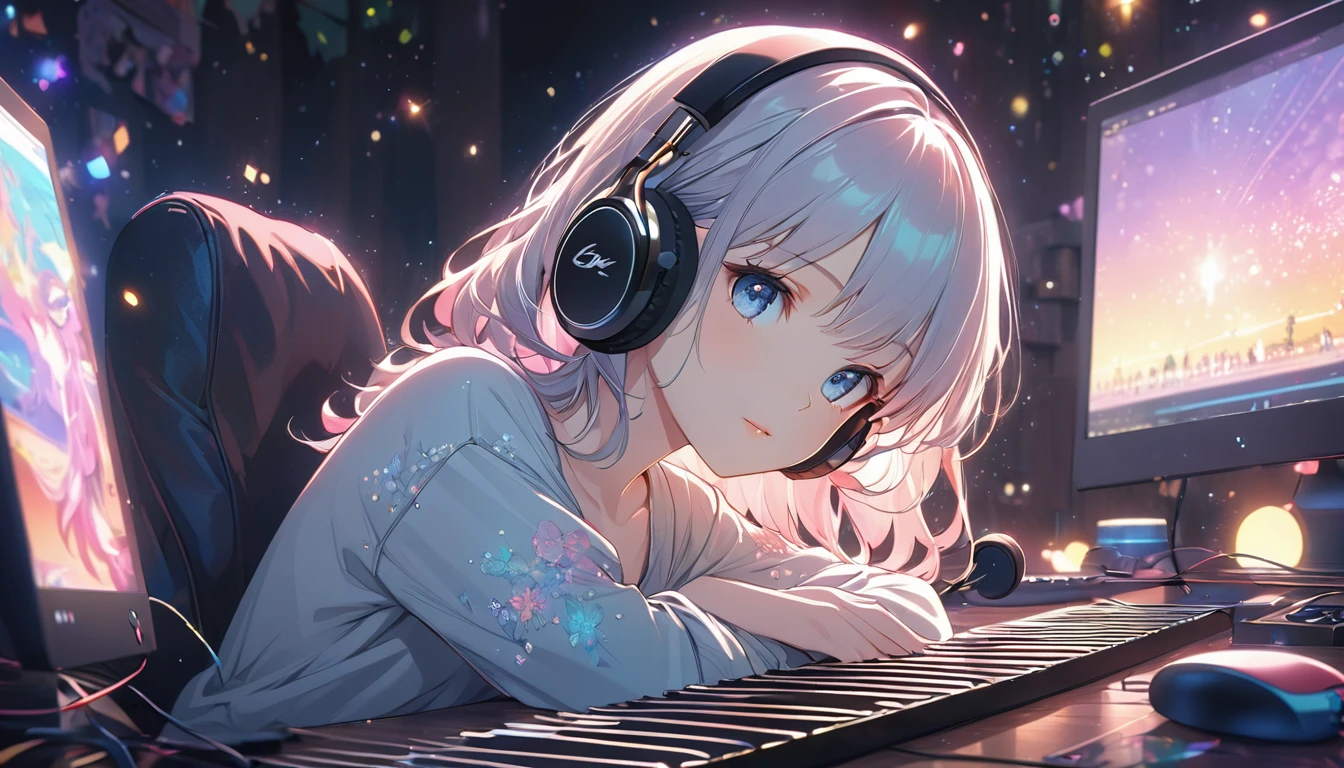 Highest quality, Intricate details, Very delicate, so beautiful, Highest quality, High Qualite, Very beautiful face, kindness, 超detailed hair, thin, cute, Perfectly symmetrical face, Upper body rest (Beautiful colors,detailed,Highest quality,Great quality,so beautiful),Lighting particles, Casual Fashion, Headphones,computer, guitar, Glitter, Anime Style 4 k, art wallpaper 8k, LOFI Girl, art wallpaper 4k, 4K anime atmosphere, Lo-fi art style, Anime Style, 8k