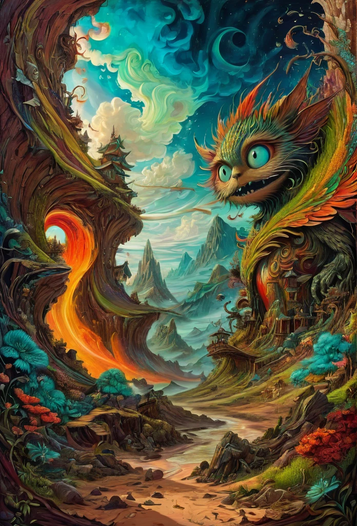 Fantasy illustration, psychedelic art depicting an illusory, disturbed, abstract, ephemeral, elusive and unstable visual narrative, digital painting, mesmerizing and highly detailed, vivid colors, surrealism, psychedelic background, intricate details, 3D rendering, oil painting, delicate, octane rendering. Hayao Miyazaki style., in the style of esao andrews,potma style,esao andrews style
