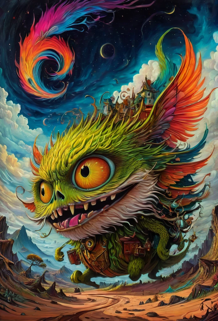 Fantasy illustration, psychedelic art depicting an illusory, disturbed, abstract, ephemeral, elusive and unstable visual narrative, digital painting, mesmerizing and highly detailed, vivid colors, surrealism, psychedelic background, intricate details, 3D rendering, oil painting, delicate, octane rendering. Hayao Miyazaki style., in the style of esao andrews,potma style,esao andrews style
