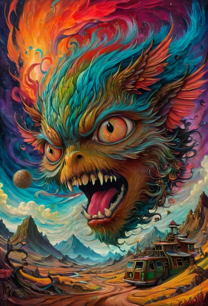 Fantasy illustration, psychedelic art depicting an illusory, disturbed, abstract, ephemeral, elusive and unstable visual narrative, digital painting, mesmerizing and highly detailed, vivid colors, surrealism, psychedelic background, intricate details, 3D rendering, oil painting, delicate, octane rendering. Hayao Miyazaki style., in the style of esao andrews,potma style,esao andrews style
