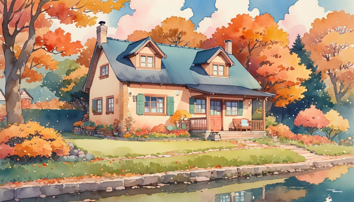 Cozy autumn aesthetic fall,Studio ghibli inspired,Watercolor,Kawaii cottage,no people,Lofi,Cute