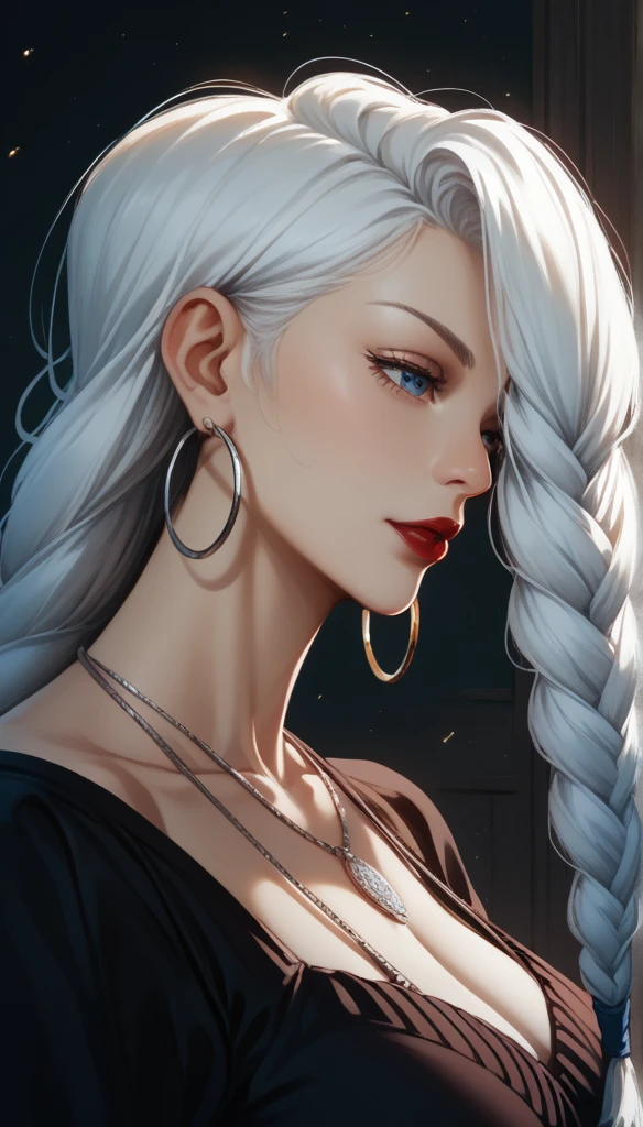 score_9, score_8_up, score_7_up, score_6_up, score_5_up, score_4_up, mei mei , blue eyes, white hair braid, large breasts,  necklace,big oversized hoops earrings ,red lipstick , detailed eyes ,pants , saggy breasts ,black ornate ancient dress,