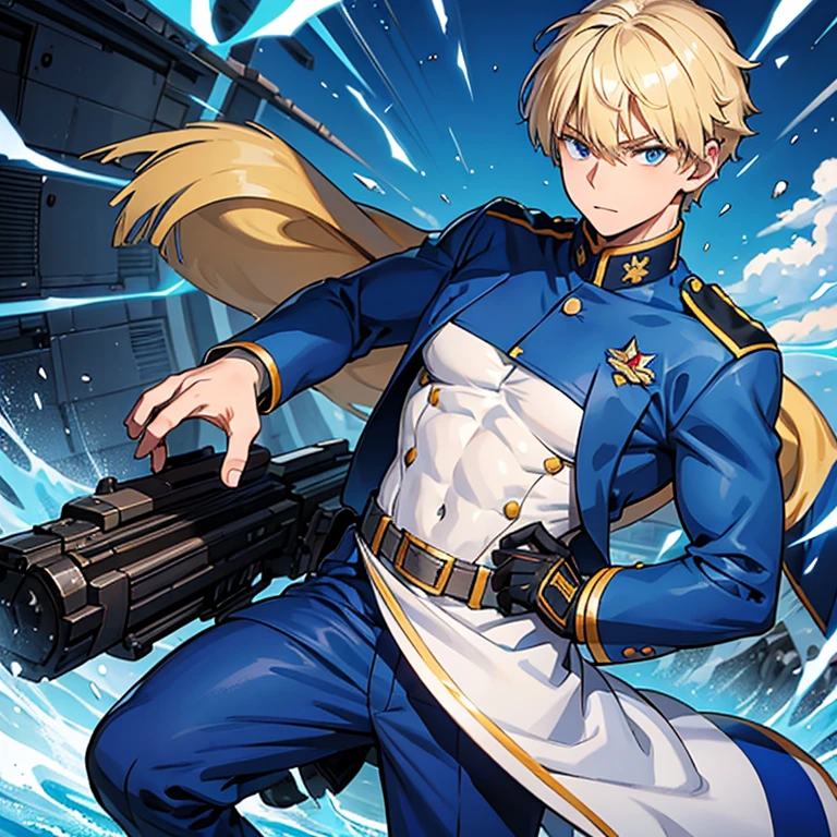 blond hair, blue eyes, young soldier, masculine, 20 years, athletic, Caucasian,  blond hair, blue eyes, marked arms, slightly inflated chest, strong abs. blue military uniform. M4A1 machine gun. 