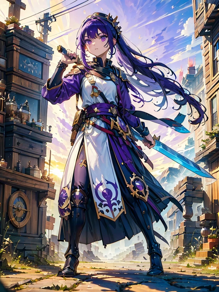 masterpiece,Highest quality,One person,Costume 1,,sunrise,dawn,holding flag,Open your mouth,sword,Purple Hair,Purple Eyes,White Theme,armor,Portraiture,crowd,Swarm,flag,waving flag