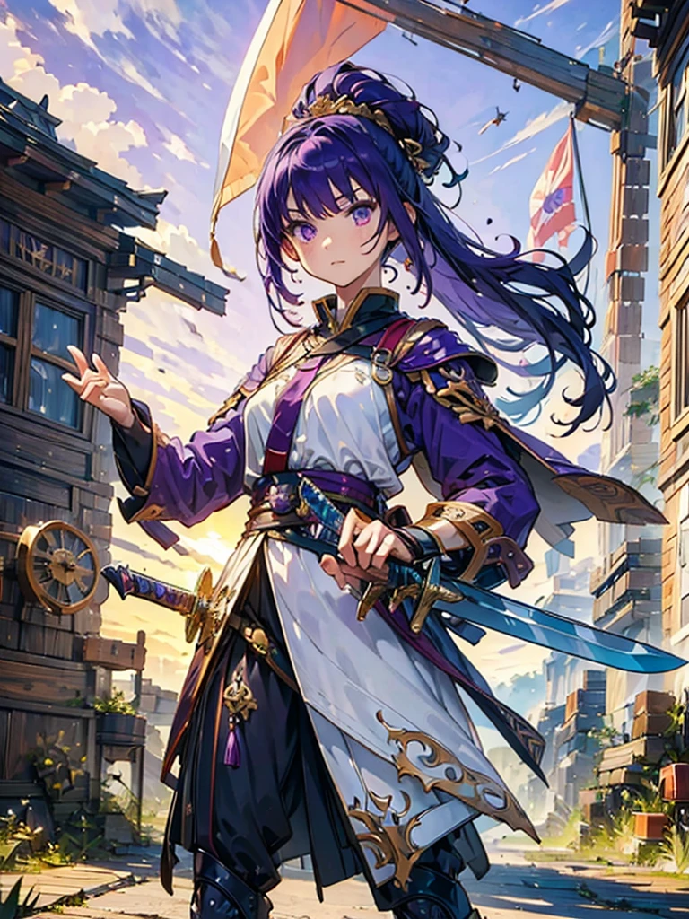 masterpiece,Highest quality,One person,Costume 1,,sunrise,dawn,holding flag,Open your mouth,sword,Purple Hair,Purple Eyes,White Theme,armor,Portraiture,crowd,Swarm,flag,waving flag