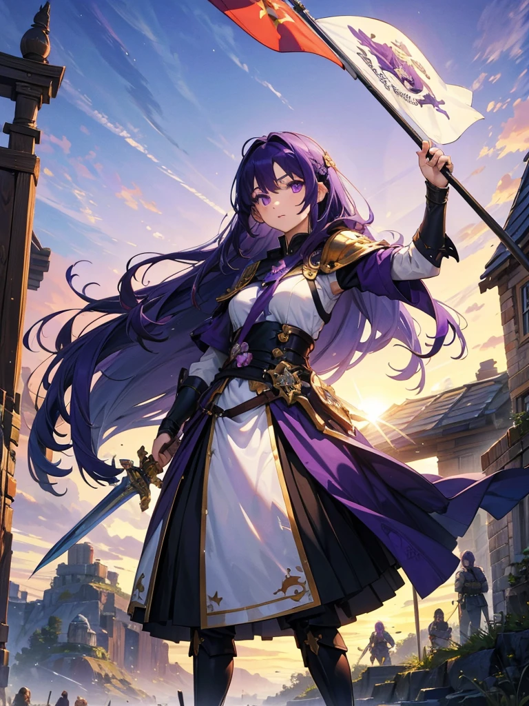 masterpiece,Highest quality,One person,Costume 1,,sunrise,dawn,holding flag,Open your mouth,sword,Purple Hair,Purple Eyes,White Theme,armor,Portraiture,crowd,Swarm,flag,waving flag