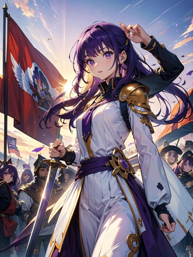 masterpiece,Highest quality,One person,Costume 1,,sunrise,dawn,holding flag,Open your mouth,sword,Purple Hair,Purple Eyes,White Theme,armor,Portraiture,crowd,Swarm,flag,waving flag