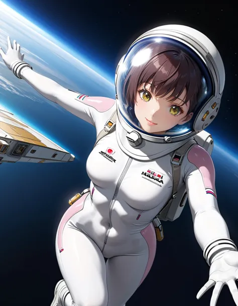 (spacesuit:1.15), white cargo pants, space helmet , , spacewalk, masterpiece, highest quality, one person, alone, short hair, , ...