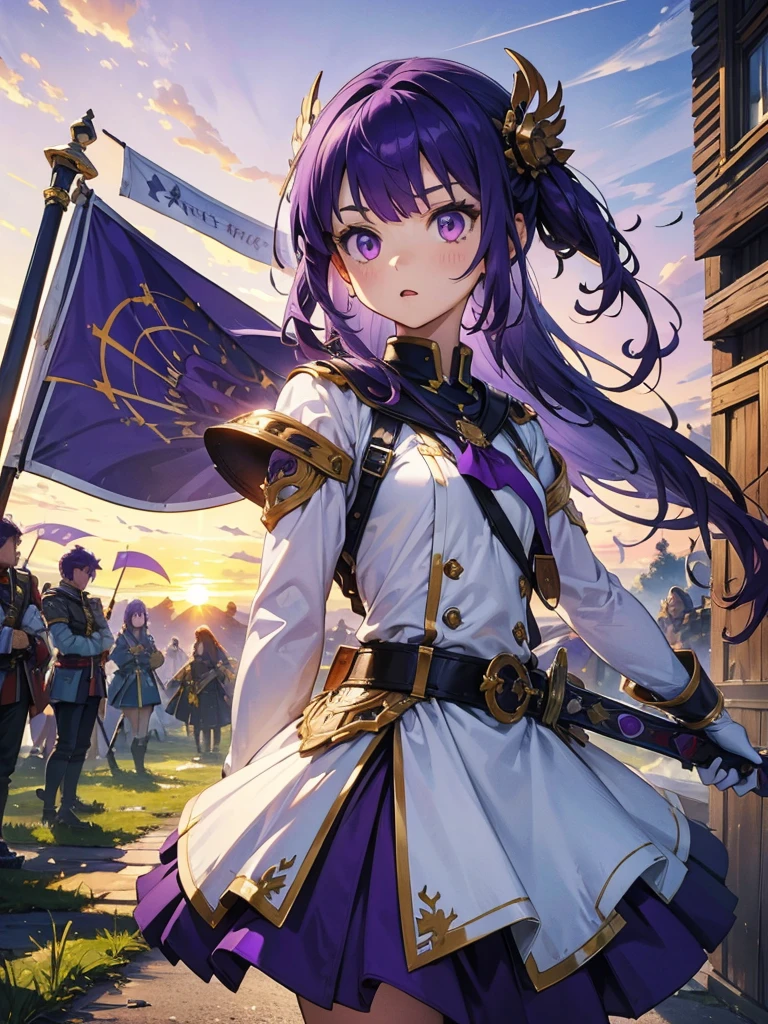 masterpiece,Highest quality,One person,Costume 1,,sunrise,dawn,holding flag,Open your mouth,sword,Purple Hair,Purple Eyes,Upside down hair、White Theme,armor,Portraiture,crowd,Swarm,flag,waving flag