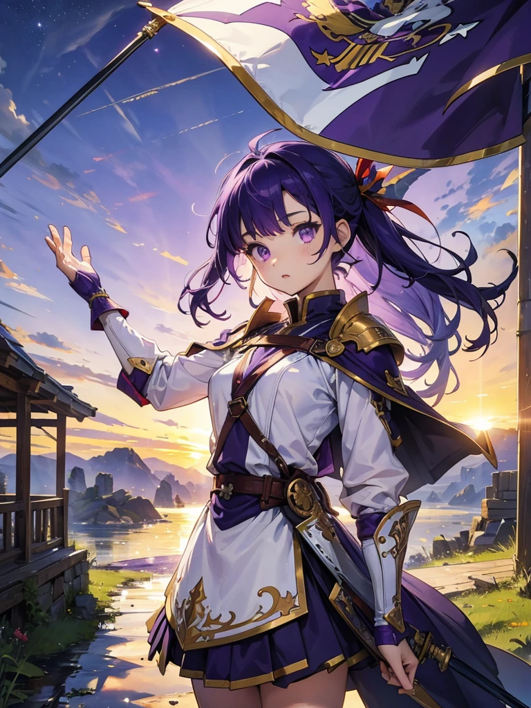 masterpiece,Highest quality,One person,Costume 1,,sunrise,dawn,holding flag,Open your mouth,sword,Purple Hair,Purple Eyes,Upside down hair、White Theme,armor,Portraiture,crowd,Swarm,flag,waving flag