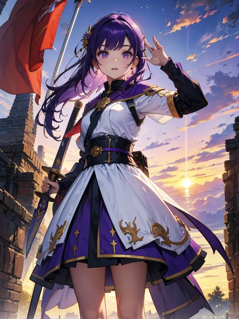 masterpiece,highest quality,one person,costume 1,,sunrise,dawn,holding flag,open your mouth,sword,purple hair,purple eyes,upside...