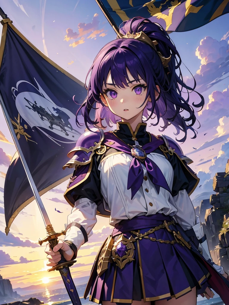 masterpiece,Highest quality,One person,Costume 1,,sunrise,dawn,holding flag,Open your mouth,sword,Purple Hair,Purple Eyes,Upside down hair、armorを着た、White Theme,armor,Portraiture,crowd,Swarm,flag,waving flag