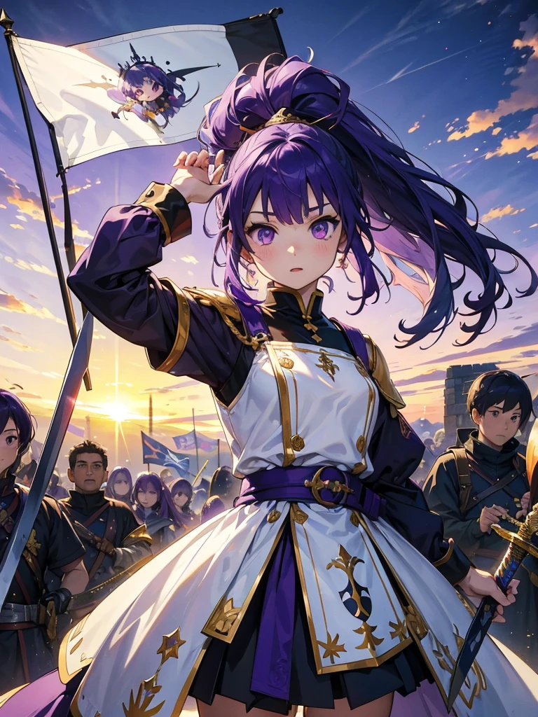 masterpiece,Highest quality,One person,Costume 1,,sunrise,dawn,holding flag,Open your mouth,sword,Purple Hair,Purple Eyes,Upside down hair、armorを着た、White Theme,armor,Portraiture,crowd,Swarm,flag,waving flag