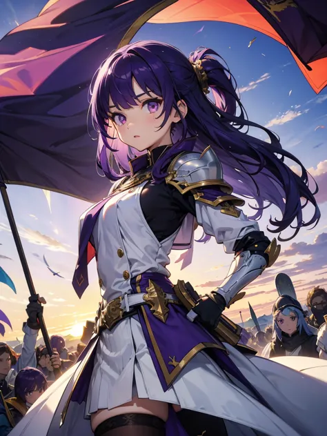 masterpiece,highest quality,one person,costume 1,,sunrise,dawn,holding flag,open your mouth,sword,purple hair,purple eyes,upside...