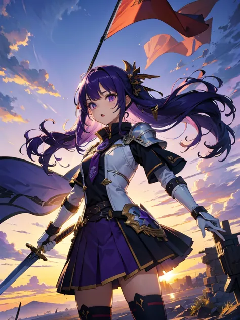 masterpiece,highest quality,one person,costume 1,,sunrise,dawn,holding flag,open your mouth,sword,purple hair,purple eyes,upside...