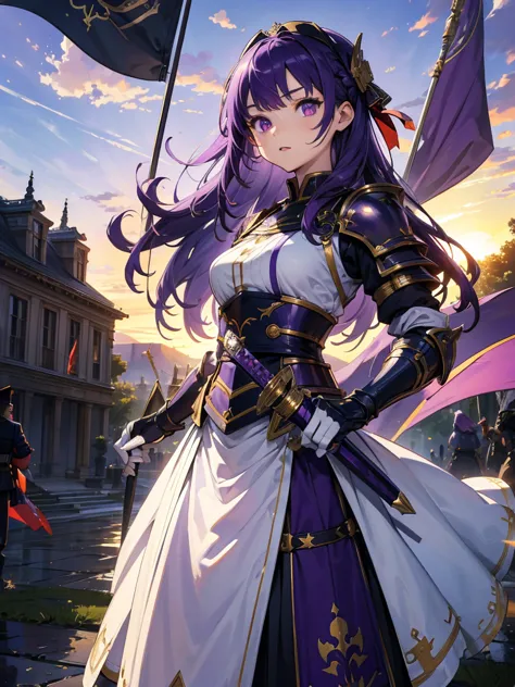 masterpiece,highest quality,one person,costume 1,,sunrise,dawn,holding flag,open your mouth,sword,purple hair,purple eyes,upside...