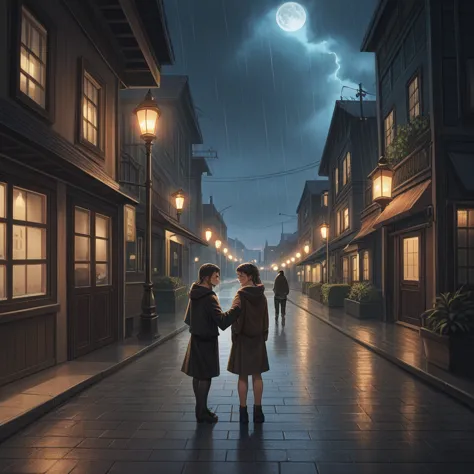 a powerful image that complements the lyrics provided, showing a scene of two people standing together in a stormy night, one co...