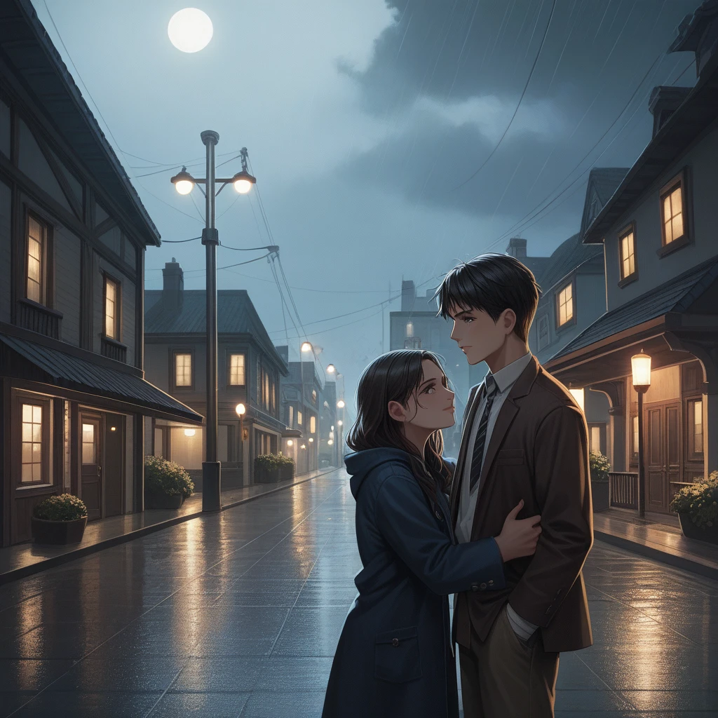 A powerful image that complements the lyrics provided, showing a scene of two people standing together in a stormy night, one comforting the other. The background is a dark, rain-soaked street with dim streetlights barely illuminating the surroundings. The comforting person stands tall and strong, while the other leans on them, conveying trust and support. The image should evoke a sense of deep friendship, unwavering support, and resilience through hardship. The color palette should be moody with dark blues and grays, contrasting with a subtle warm glow around the figures to signify hope and warmth