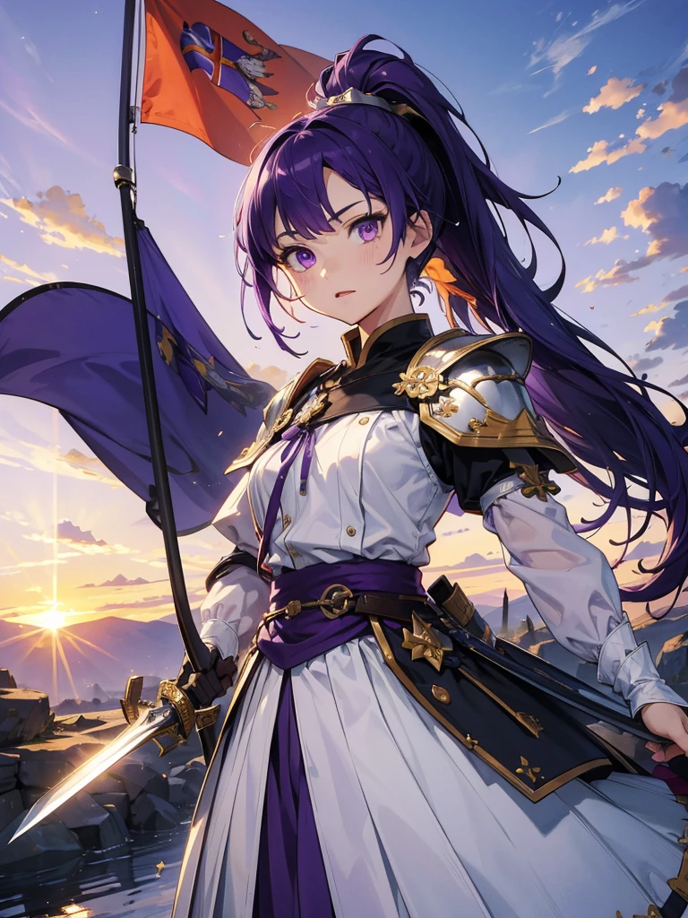 masterpiece,Highest quality,One person,Costume 1,,sunrise,dawn,holding flag,Open your mouth,sword,Purple Hair,Purple Eyes,ponytail、armorを着た、Dressed as a man、White Theme,armor,Portraiture,crowd,Swarm,flag,waving flag