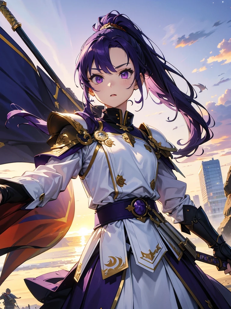 masterpiece,Highest quality,One person,Costume 1,,sunrise,dawn,holding flag,Open your mouth,sword,Purple Hair,Purple Eyes,ponytail、armorを着た、Dressed as a man、White Theme,armor,Portraiture,crowd,Swarm,flag,waving flag