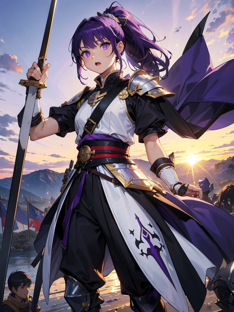 Dressed as a man、masterpiece,Highest quality,One person,Costume 1,,sunrise,dawn,holding flag,Open your mouth,sword,Purple Hair,Purple Eyes,ponytail、armorを着た、White Theme,armor,Portraiture,crowd,Swarm,flag,waving flag