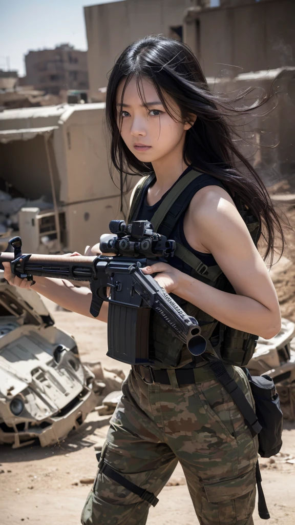 ut dirty face by dust, Beautiful Japanese girl with long hair wearing khaki tank top & Desert Camo Military Pants, Tactical uniform & Military belt with weapon accessories & part, Cool and intense expression, Back view pose on the battlefield of the city ruins, Dystopia in the background of the siege smoke movie, surrealな写真,(((long black hair))), action pose, blue eyes, laborious, Clam skin & face, Skin texture pores, Injured, torn clothes, Battle scars, Beautiful Girl from Japan, Black hair blowing in the wind, (8k, high resolution,super high quality, Ultra HD, surreal, best quality, masterpiece:1.2), big bust, Carrying a Tactical Rifle Correctly、Train yourself to fully load your weapon and prepare to attack.., Battle Mode Gestures, Eyes visible through hair, Correct eye position, Cinematic Light, soft light, waist, detaileded color graded background, complicated, highly detaileded, 8k, overall silhouette, Dramatic battlefield scenery during the day, high detaileded, Wallpaper quality, excellent anatomy, correct body, hand & hand가락 해부학 (roller:addition_detailed:0.8) hyper realistic scenery moment detailed sharp, Fujifilm XF 56mm f/1.2 R lens. HDR10 8k, Hip accent pose