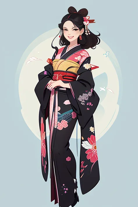 a beautiful woman smiles and shows her upper white teeth、vividly colored japanese ukiyo-e style illustrations、(seaart creates st...