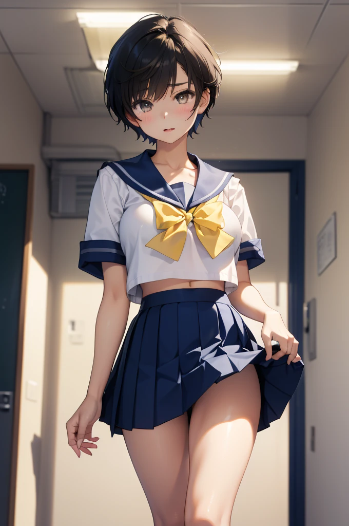 独奏、high school girl、Beautiful breasts、(high school girl、A sailor uniform with a short length、Short summer clothes、Yellow ribbon on chest)、(Navy blue micro mini skirt、Low-rise micro mini skirt)、(Black Hair、Short Hair)、Dark Eyes、Beautiful thighs、classroom