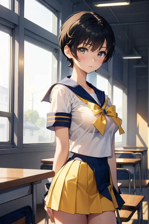 独奏、high school girl、beautiful breasts、(high school girl、a sailor uniform with a short length、short summer clothes、yellow ribbon ...