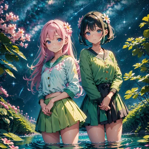 cute girl characters、green grass々drawing plumeria flowers flying over the water, looking up at the starry sky. surround her with...