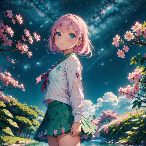 cute girl characters、green grass々drawing plumeria flowers flying over the water, looking up at the starry sky. surround her with...