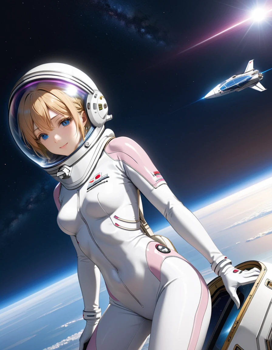 (Spacesuit:1.15), White Cargo Pants, Space Helmet , , Spacewalk, masterpiece, Highest quality, One person, alone, short hair, , , , Bodysuits,Gloss,Backpack\, baburuherumetto, short hair, (Futuristic spaceship:1.6), , smile,Covered navel, short hair, Eli Ase,slim,Small breasts,From above, Violet Evergarden , space helmet