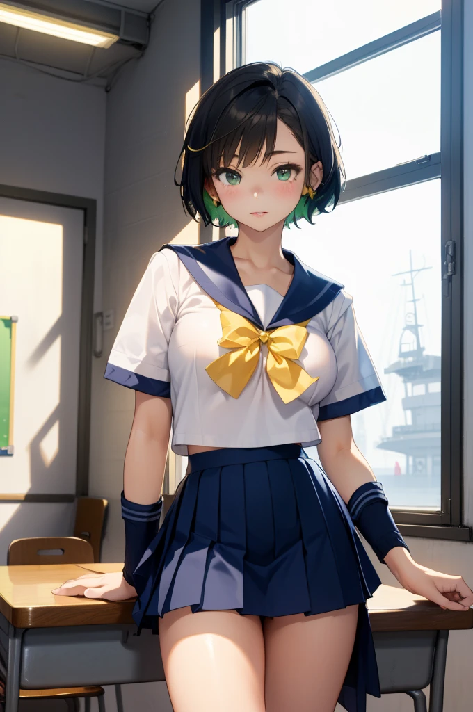 独奏、high school girl、Beautiful breasts、(high school girl、A sailor uniform with a short length、Short summer clothes、Yellow ribbon on chest)、(Navy blue micro mini skirt、Low-rise micro mini skirt)、(Black Hair、Short Hair)、Deep green eyes、Beautiful thighs、classroom