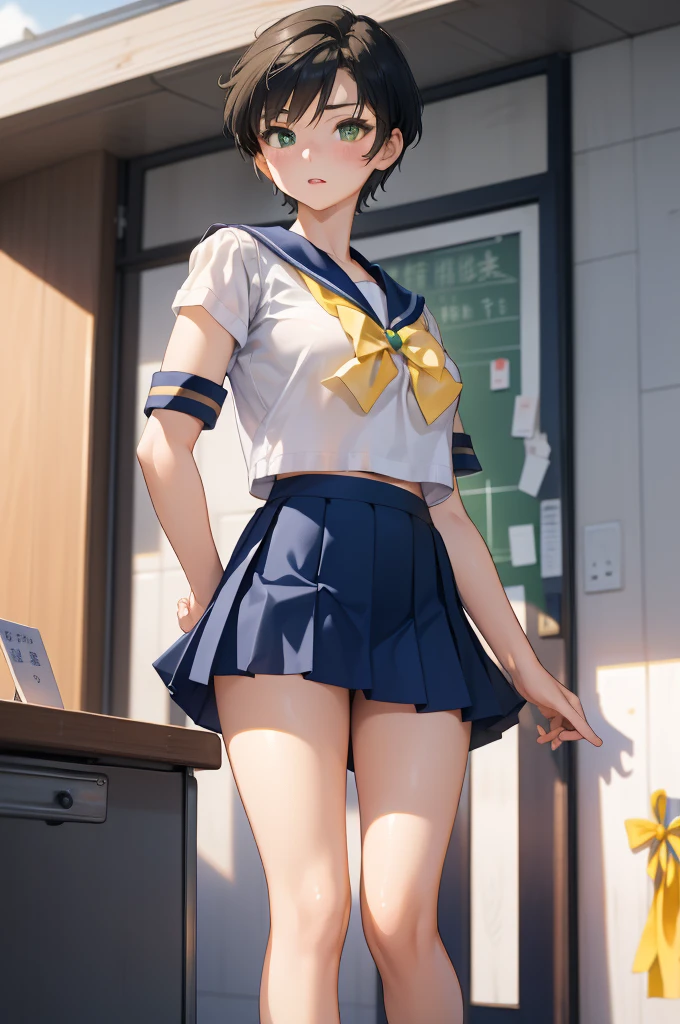 独奏、high school girl、Beautiful breasts、(high school girl、A sailor uniform with a short length、Short summer clothes、Yellow ribbon on chest)、(Navy blue micro mini skirt、Low-rise micro mini skirt)、(Black Hair、Short Hair)、Deep green eyes、Beautiful thighs、classroom