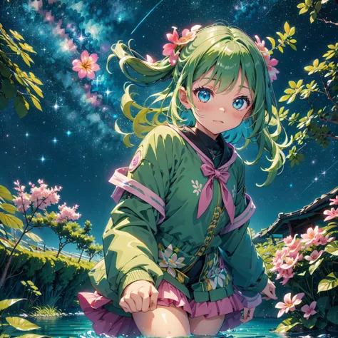 cute girl characters、green grass々drawing plumeria flowers flying over the water, looking up at the starry sky. surround her with...