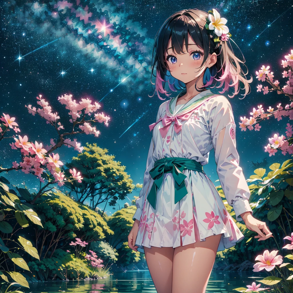 Cute girl characters、Green grass々Drawing plumeria flowers flying over the water, Looking up at the starry sky. Surround her with colorful nebulae and colorful forests.pink there、shuicolor、Blue fantastic light source background