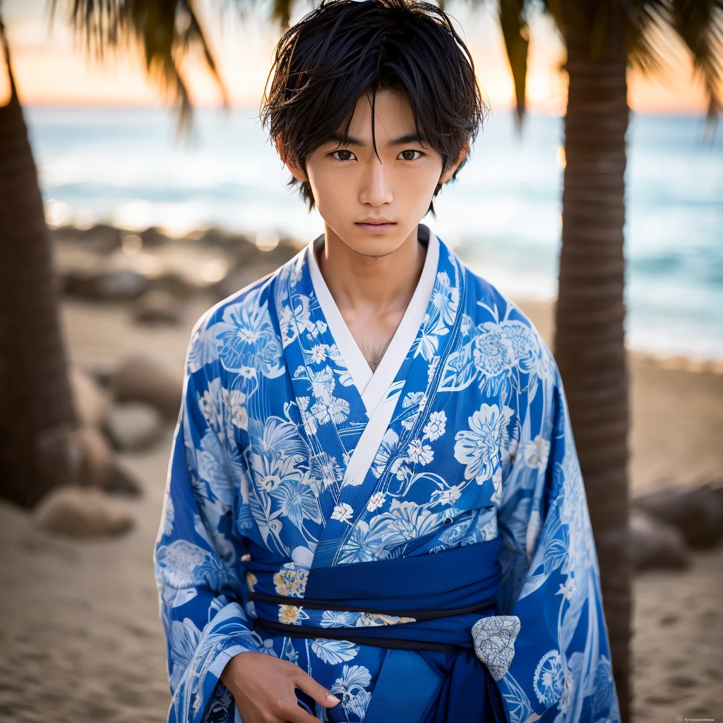 wearing yukata, looking at viewer, on the beach, slim body, slender, Japanese cute boy,　baby face A 20-year-old boy, Black hair, Messy hair, modern, Eye level shots, hyper HD, Masterpiece, (photorealistic, masterpiece, 8K HD, good lighting quality, portrait, closing up on face, intricate details)