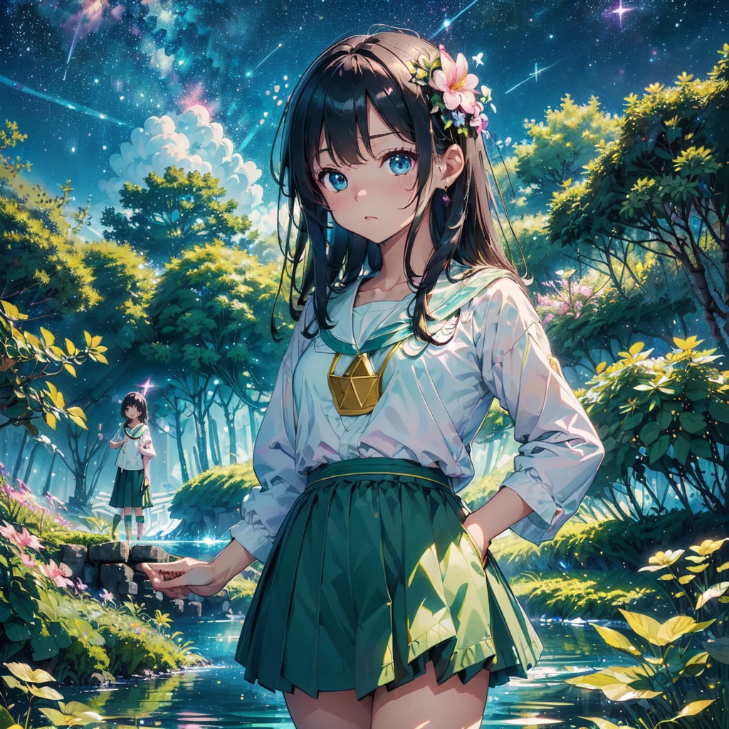 Cute characters、(((Highest quality、Masterpiece、Super detailed、S composition、X Composition、Triangular composition、Square Composition)))、Green Grass々Drawing plumeria flowers flying over the water、I look up at the starry sky。Surround her with colorful nebulae and colorful forests。pink、light blue、Blue fantastic light source background