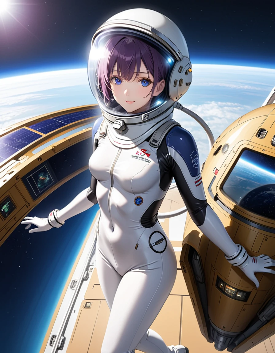 (Spacesuit:1.15), White Cargo Pants, Space Helmet , , Spacewalk, masterpiece, Highest quality, One person, alone, short hair, , eva helm, , Bodysuits,Gloss,\, baburuherumetto, short hair, (Futuristic spaceship:1.6), , smile,Covered navel, short hair, Eli Ase,slim,Small breasts,From above, Violet Evergarden , space helmet